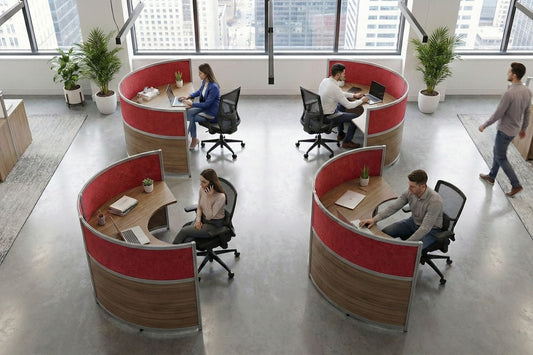 Modern office layout with round workstations and employees working.