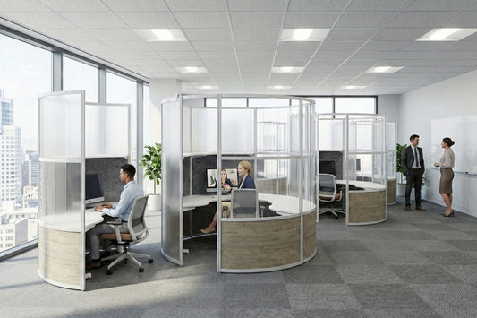 Modern round office interiors with glass partitions and people working.