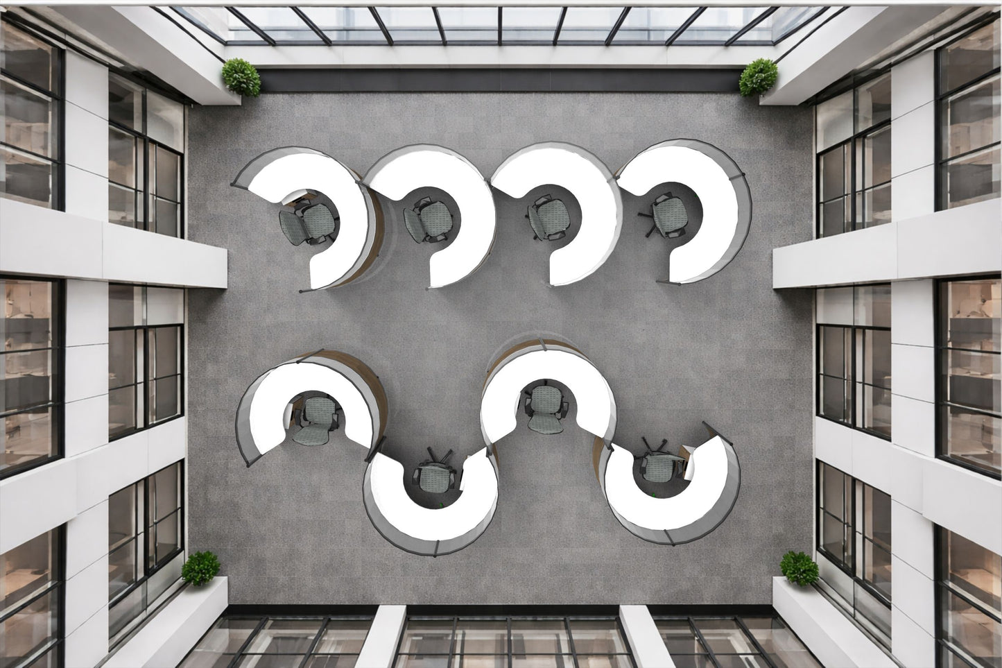 Modern architectural interior with round cubicles with geometric wall design