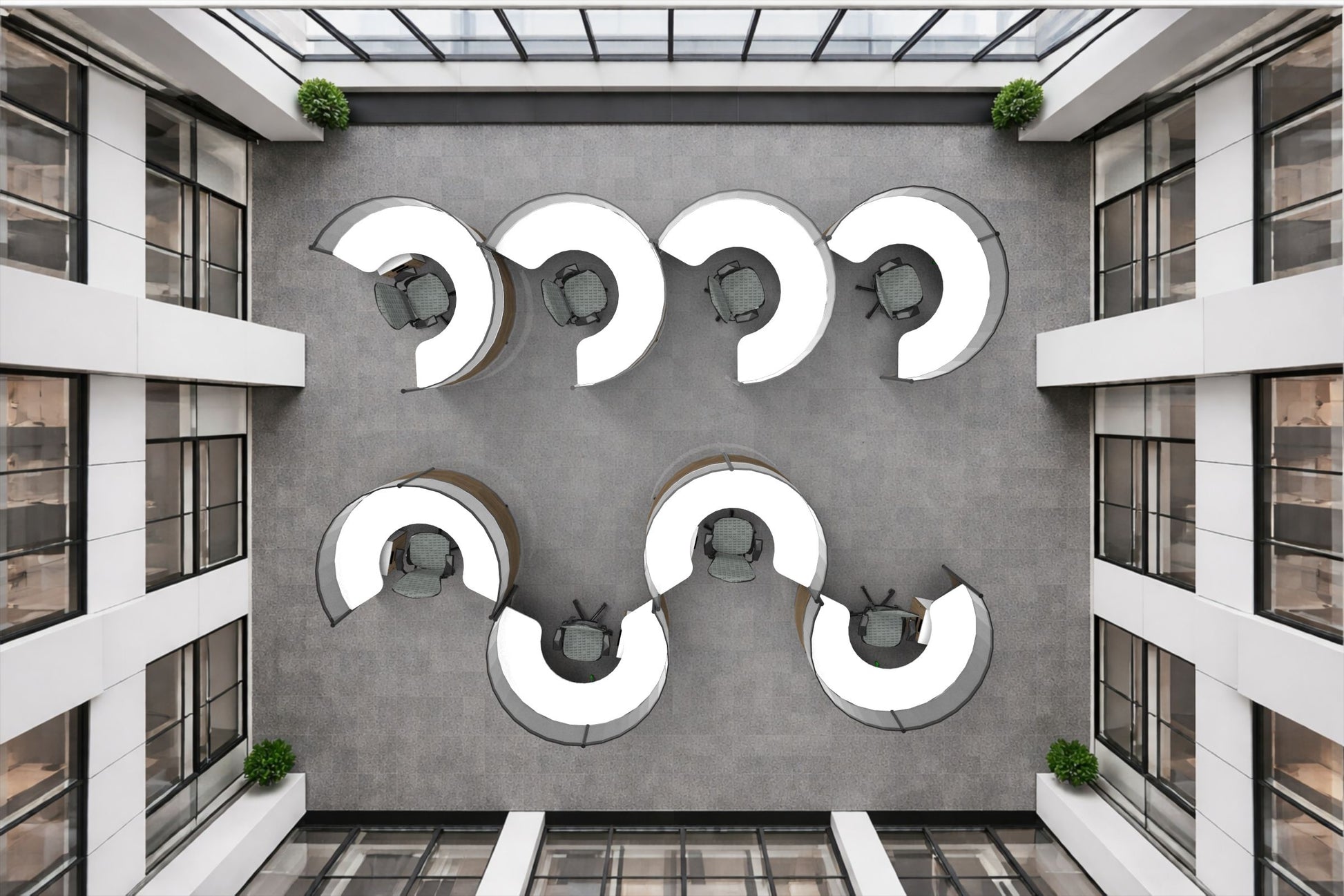 Modern architectural interior with round cubicles with geometric wall design