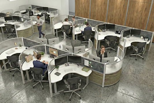 Modern office layout with round workstations and employees working.