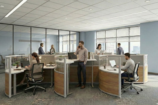 Modern office with employees working at their round desks.