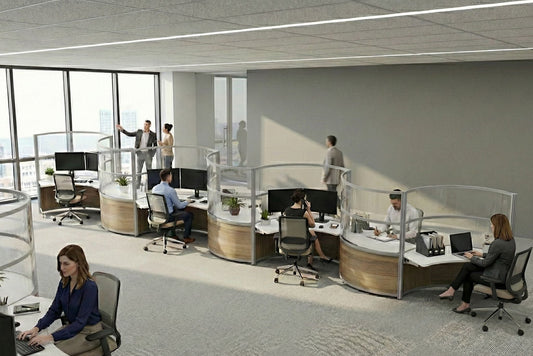 Modern office space with employees working at their desks.