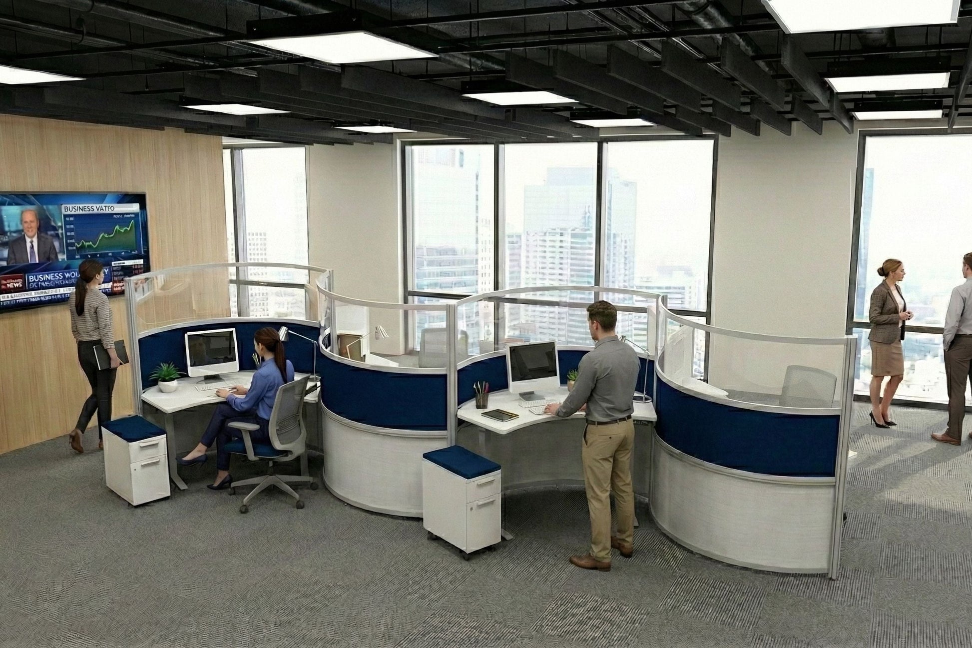 Modern office space with round workstations and large windows