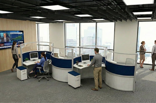 Modern office space with round workstations and large windows