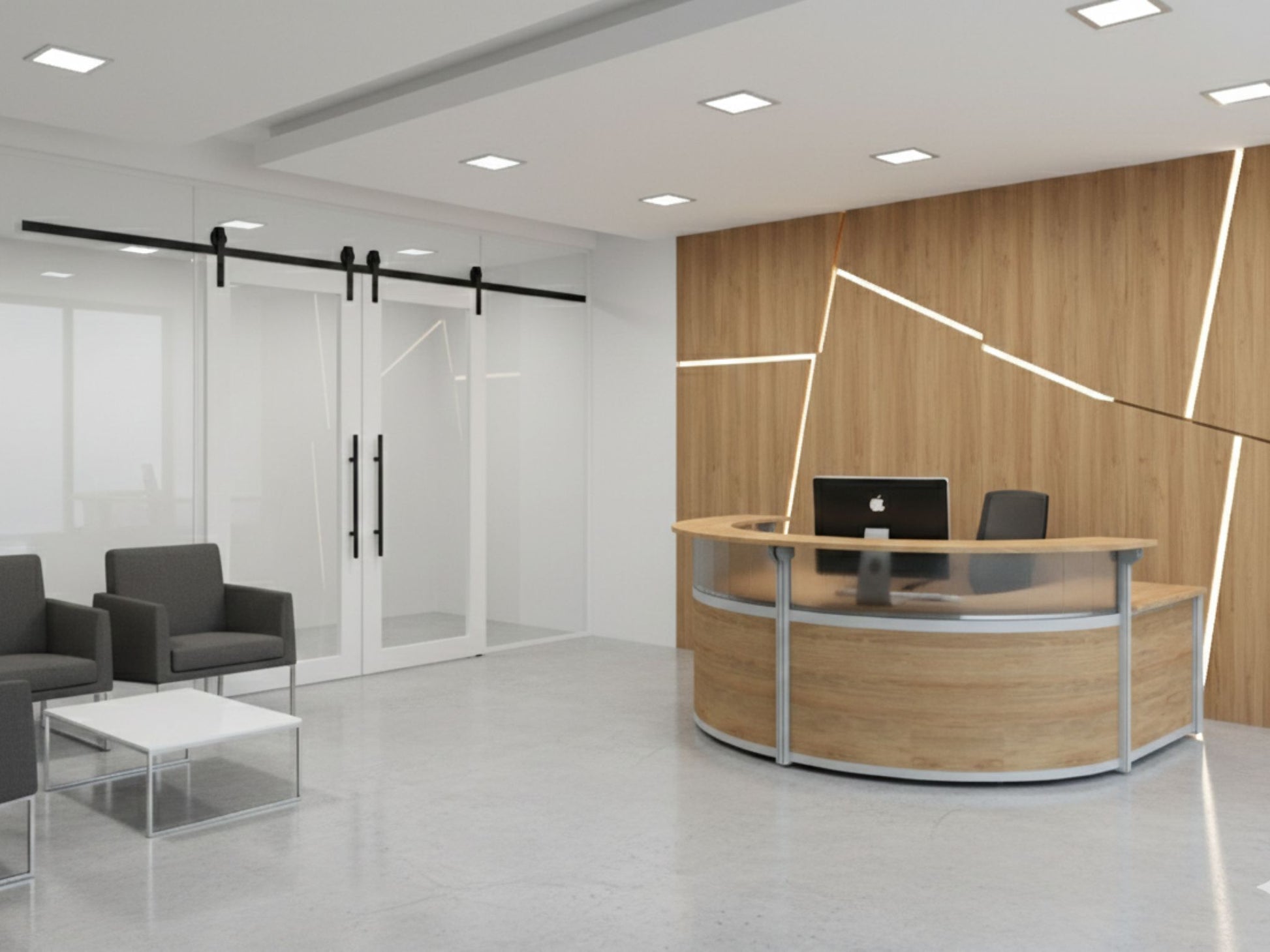 Modern office interior with a curved reception desk, chairs, and glass walls.