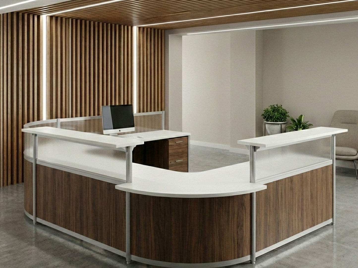 Modern office reception desk with computer monitor in a professional setting
