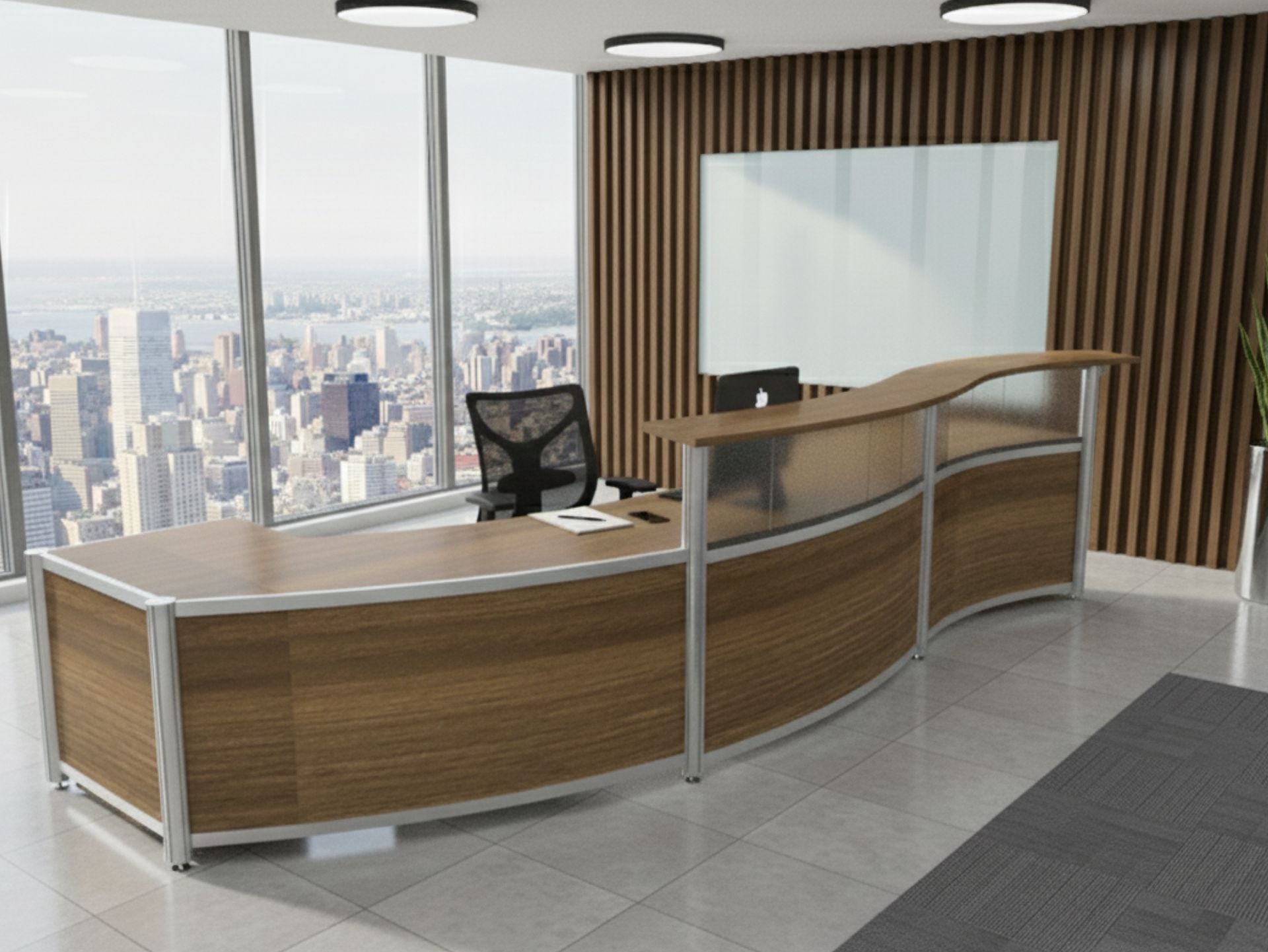 Modern office wave reception desk with large windows showing a cityscape.