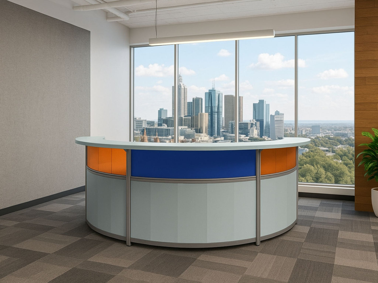 Modern office reception desk with a cityscape view through large windows.