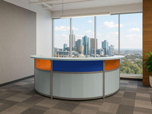 Modern office reception desk with a cityscape view through large windows.