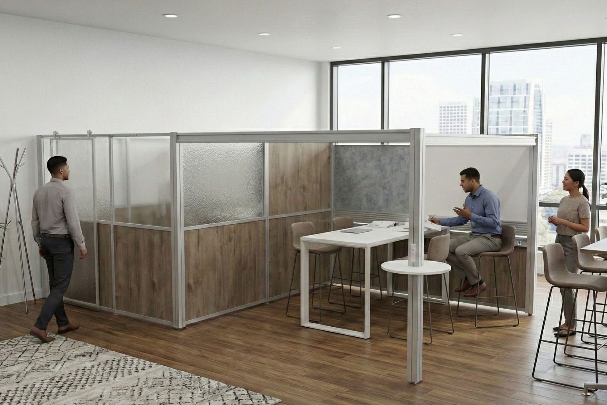 Modern office space with glass partitions and people working.