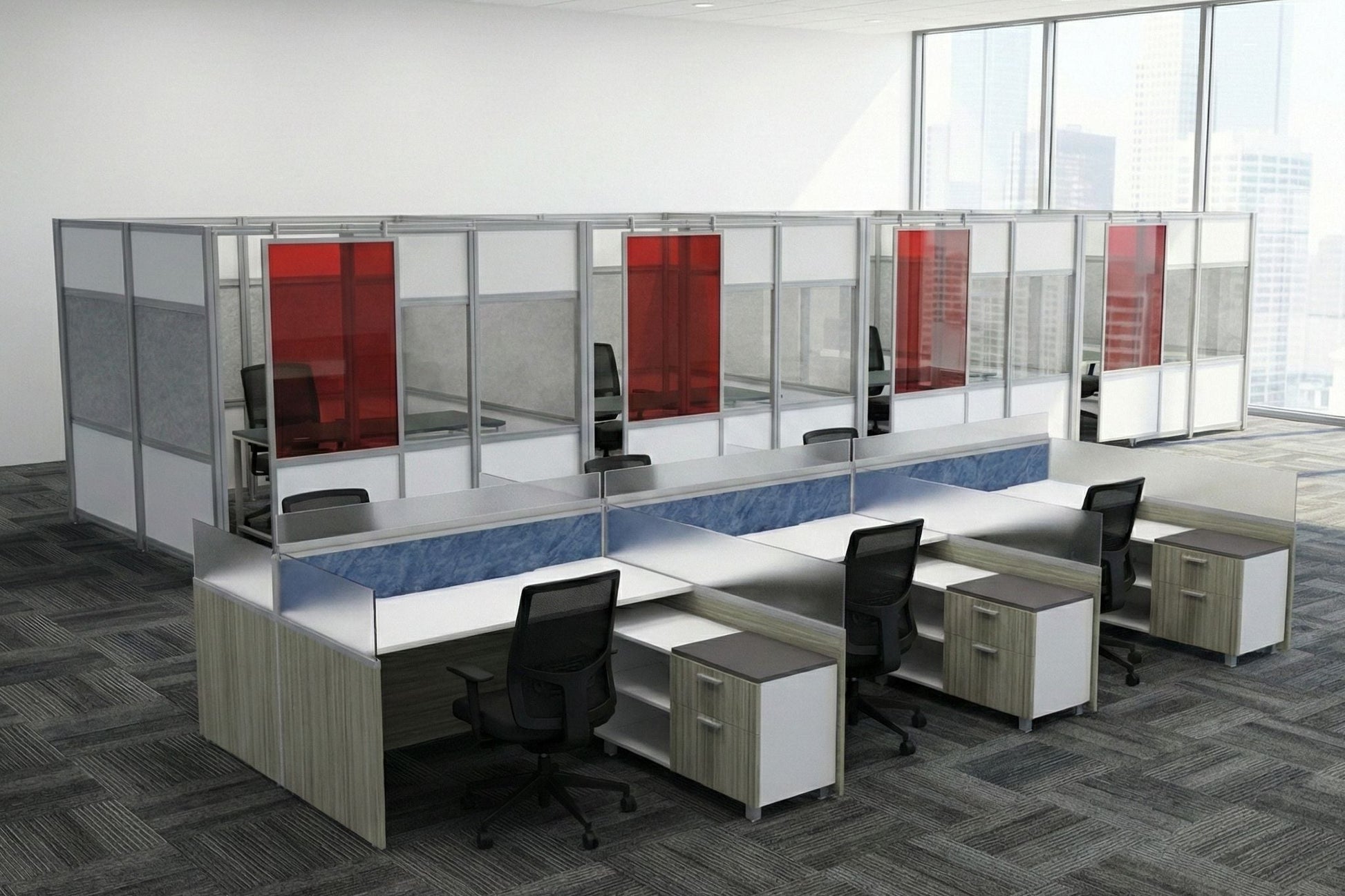 Modern office layout with workstations and glass partitions.