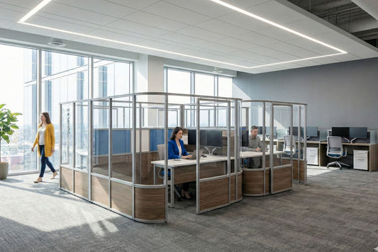 Modern office with glass partitioned workstations and employees at their desks.
