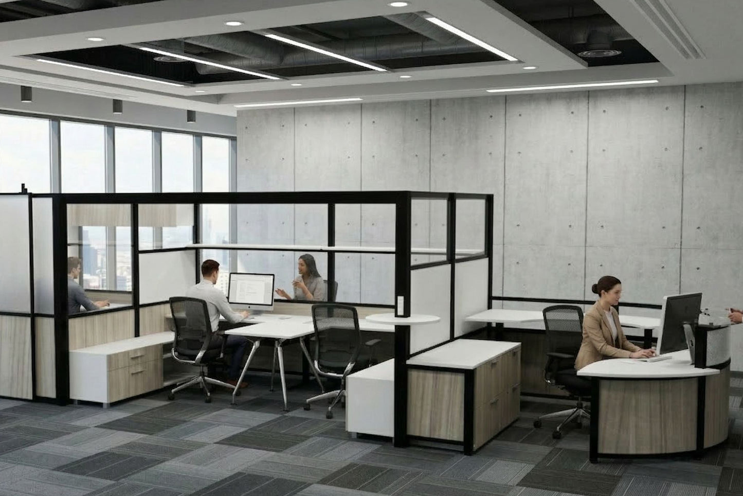 Modern office space with glass partitions and people working.