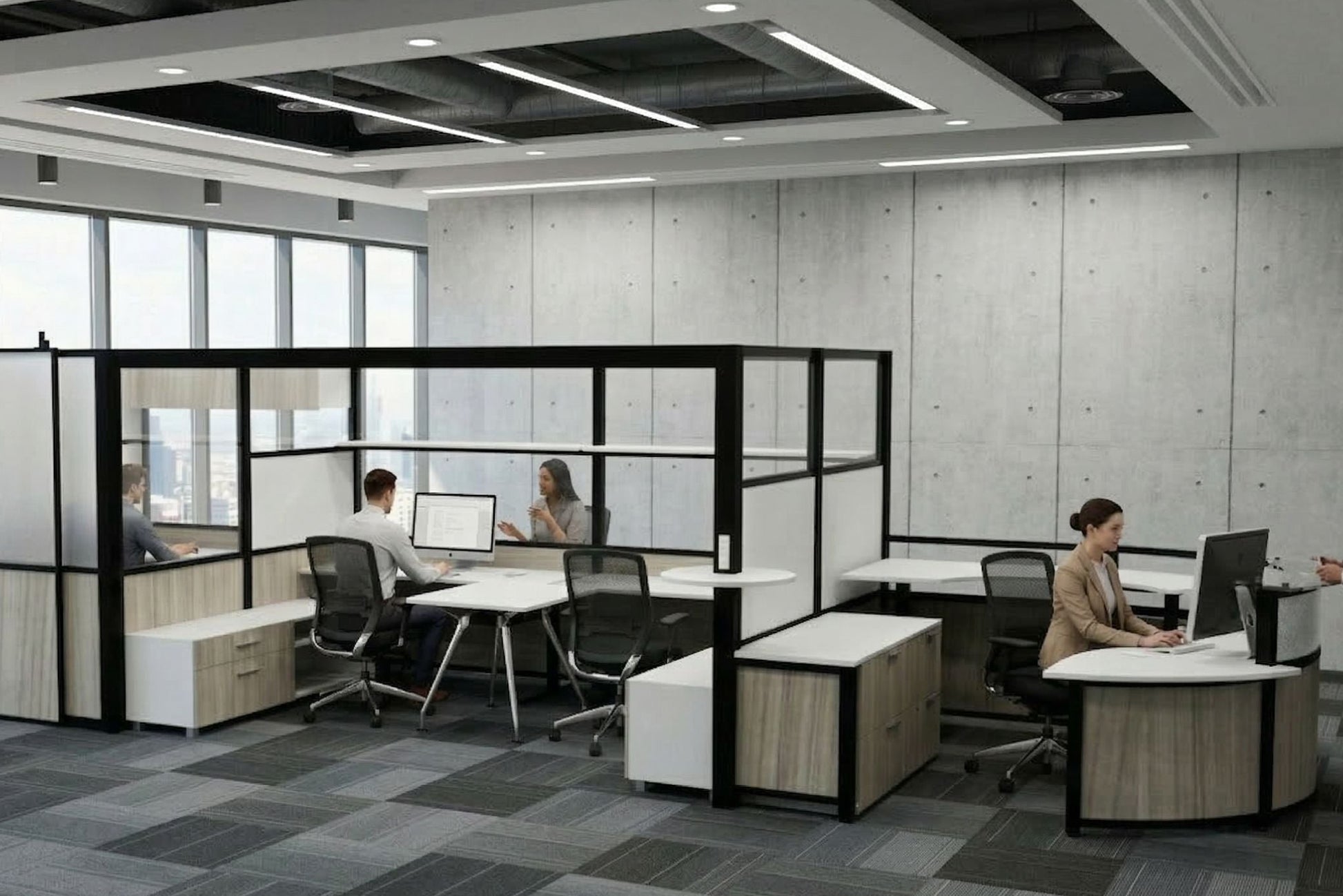 Modern office space with glass partitions and people working.