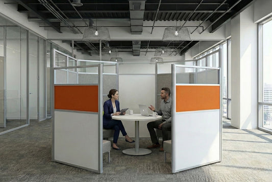 Two people sitting at a table with orange and white partition walls in an office setting.