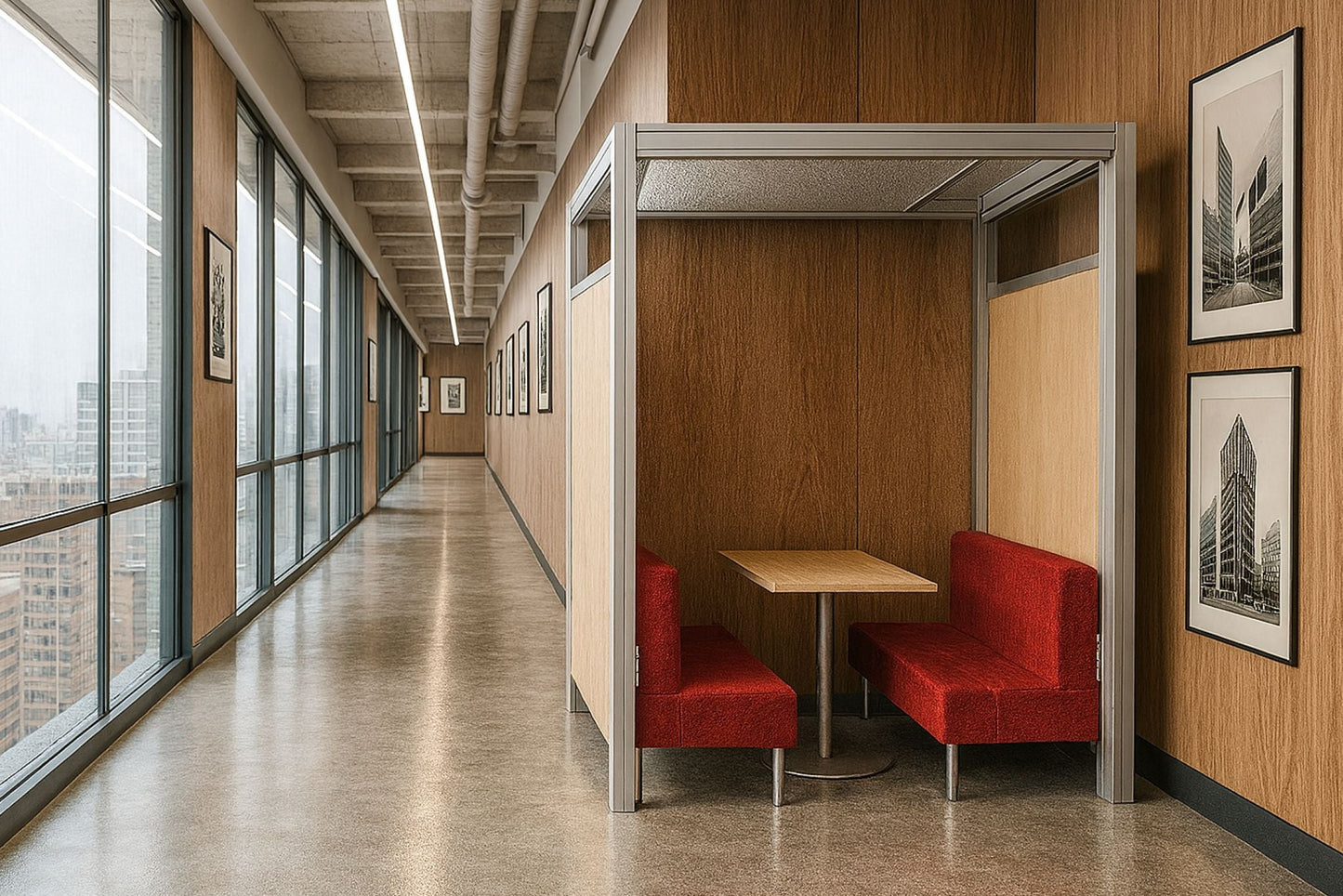 Modern office hallway with a private booth and red chairs