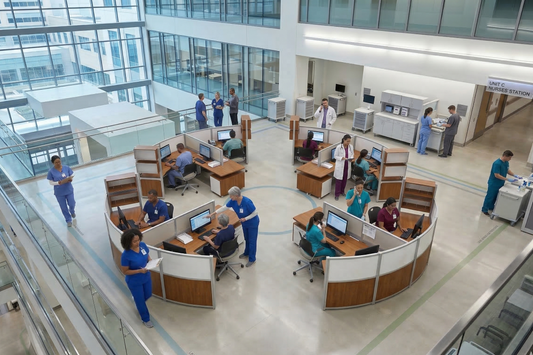 A modern busy healthcare workspace with Nurses and Doctors.