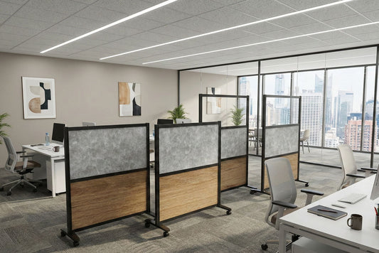 Modern office space with movable glass partitions and city view