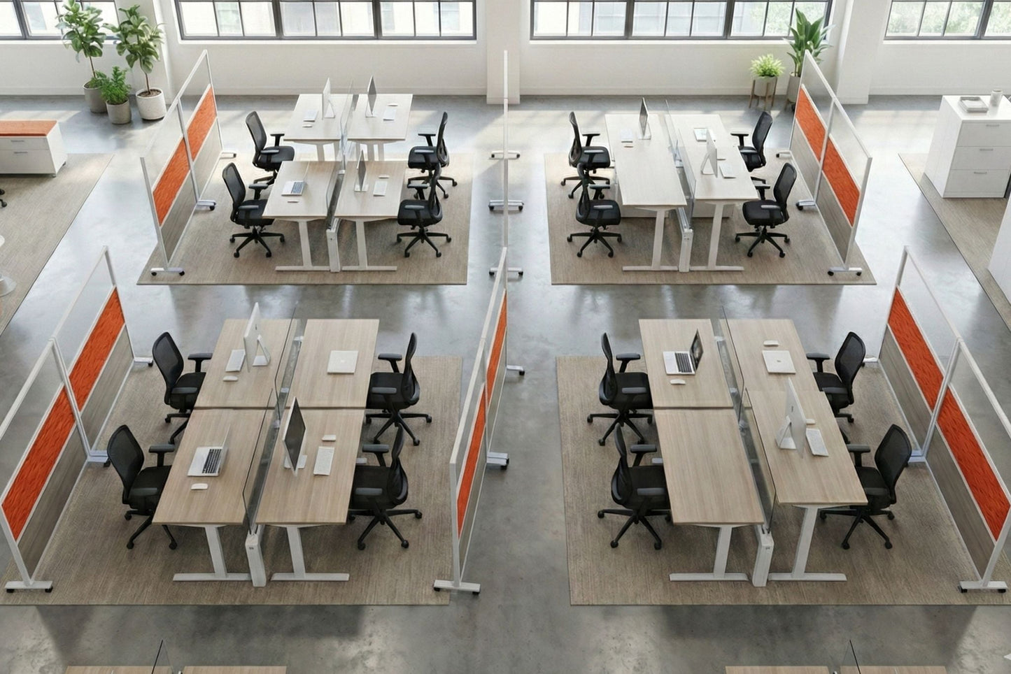 Modern office layout with desks, chairs, and partition walls.