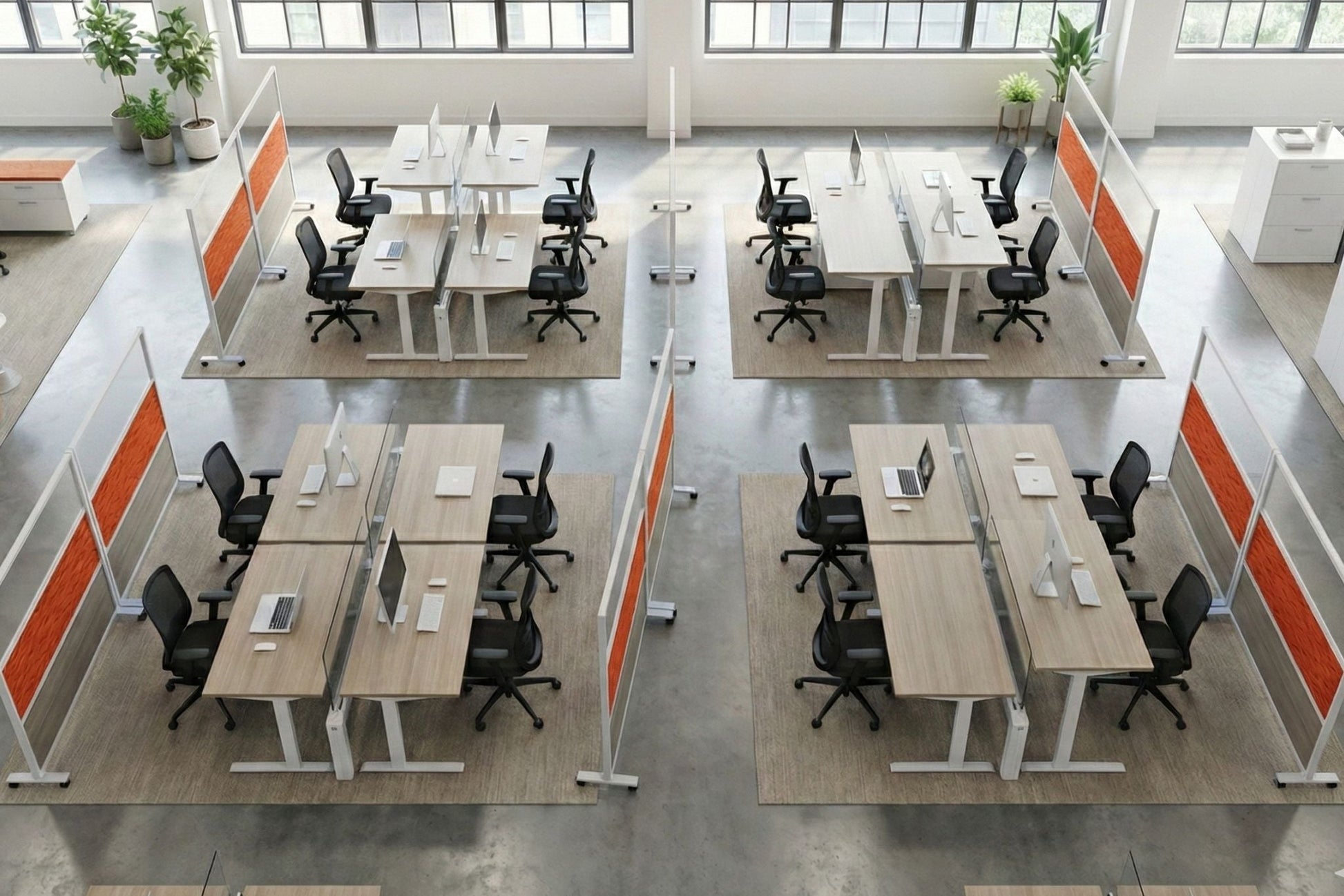 Modern office layout with desks, chairs, and partition walls.