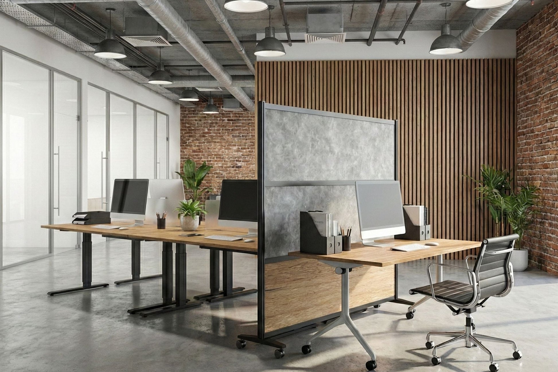 Modern office setup with desks, chairs, and computer monitors in a well-lit room.