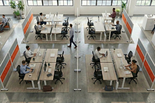 Modern office with employees working at desks in a large open-plan space.