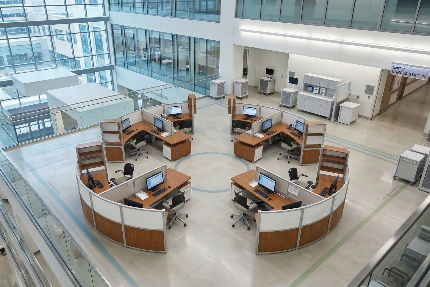 Modern office interior with glass walls and curved workstations.