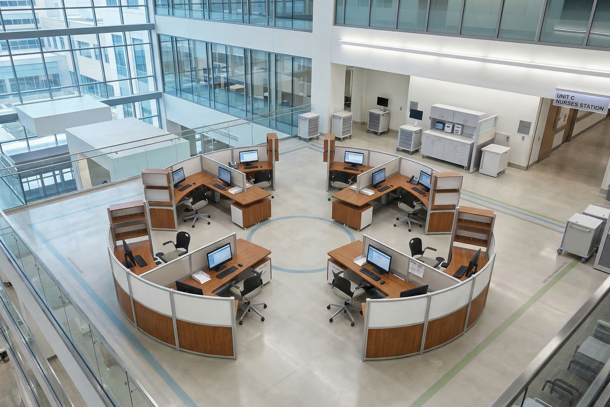 Modern office interior with glass walls and curved workstations.