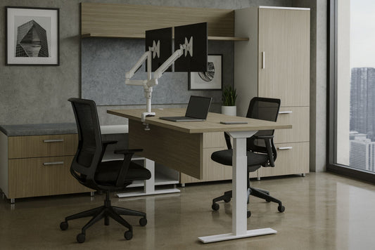 Modern office setup with a desk, chairs, and office furniture.