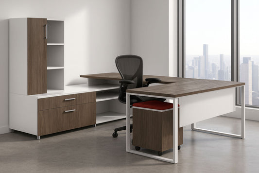 Modern office desk setup with a chair and storage unit in a bright room.