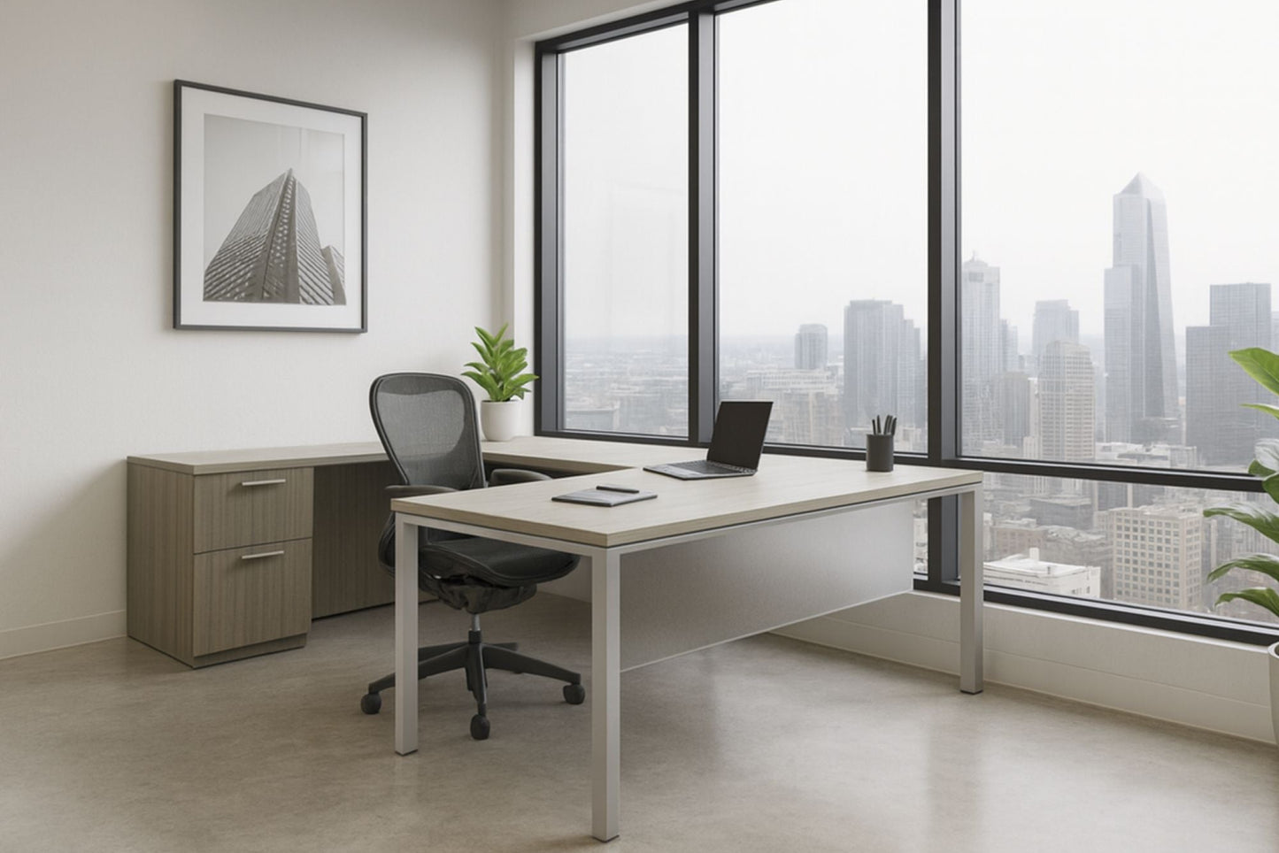 Modern office desk with chair and laptop in front of large windows with cityscape view