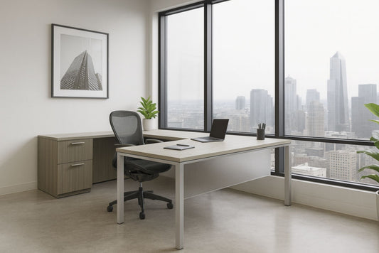 Modern office desk with chair and laptop in front of large windows with cityscape view