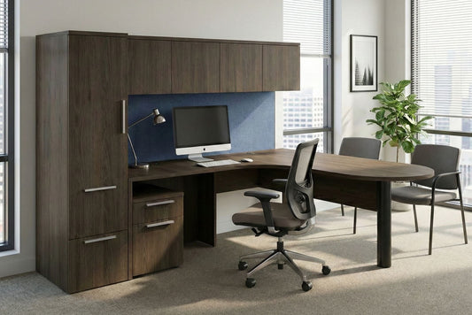 Modern office setup with L-shaped desk, chairs, and wall-mounted computer monitor.