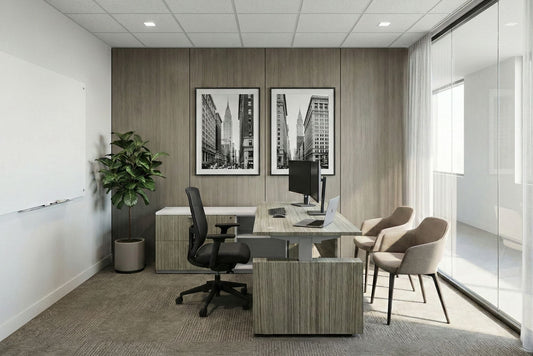 Modern office space with a height adjustable desk, chairs, and framed pictures on the wall.