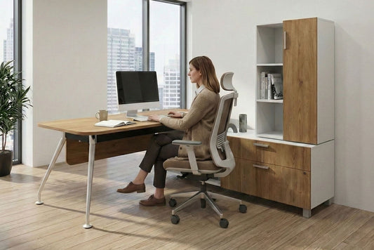 Person working at a desk in a modern office setting with a large window.
