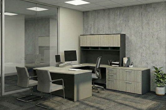 Modern office setup with a desk, chairs, and office furniture.