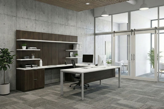 Modern office space with a desk, shelves, and large windows.