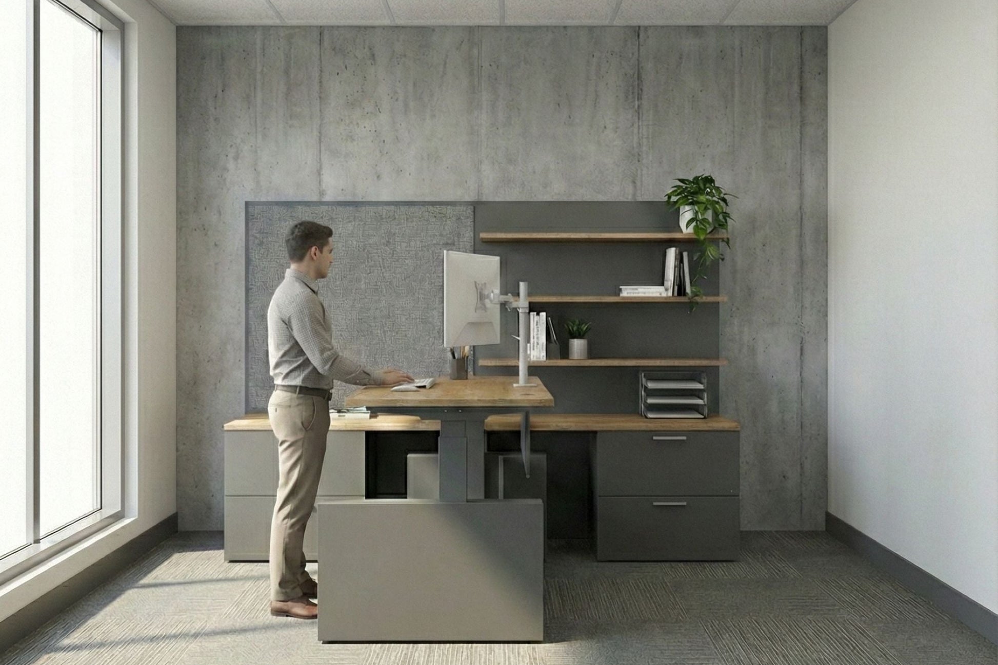 Person working at a modern office desk with shelves and a plant in a well-lit room.