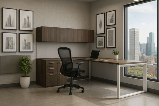 Modern office setup with a desk, chair, and cityscape view.