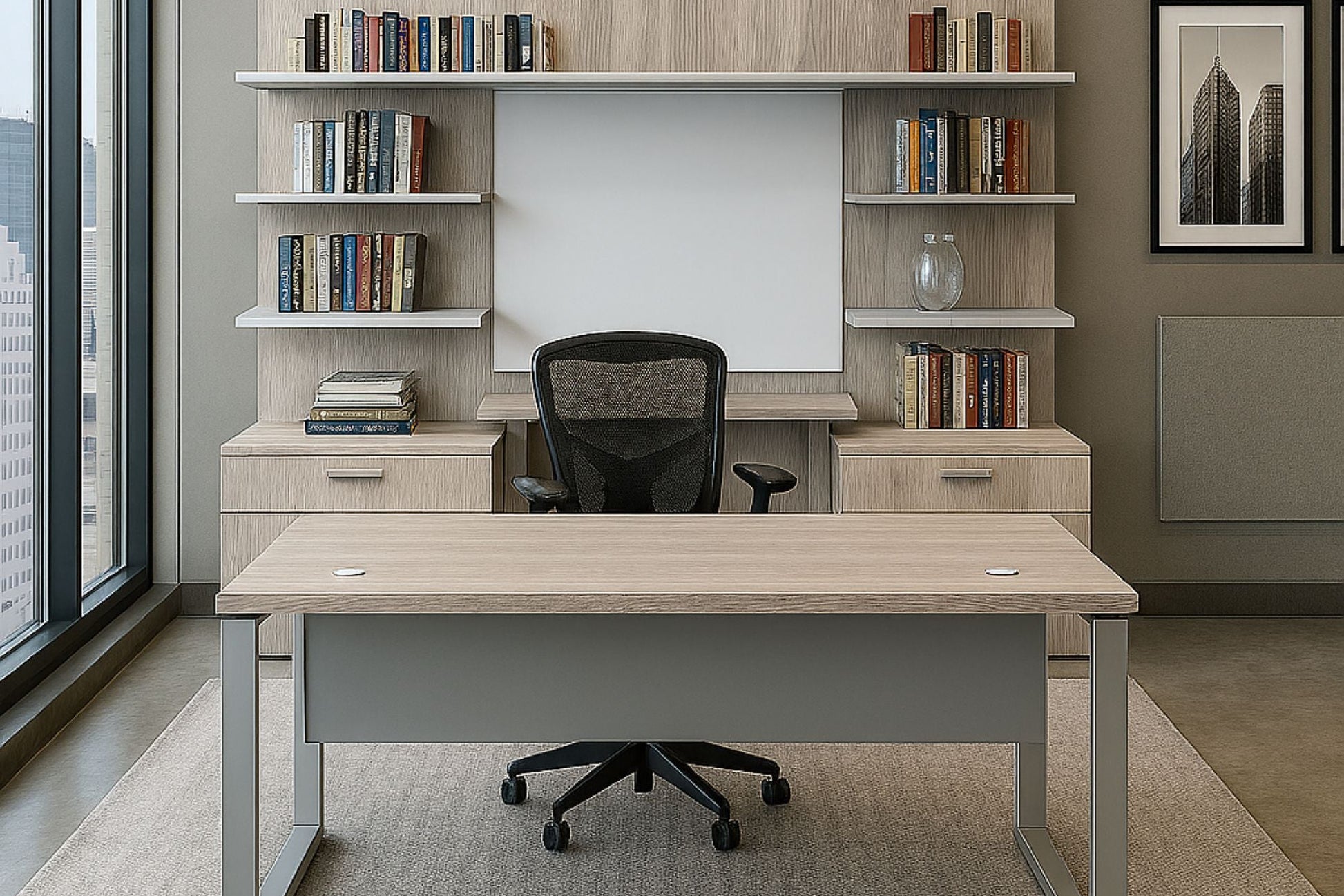 Modern office setup with a desk, chair, and bookshelves.