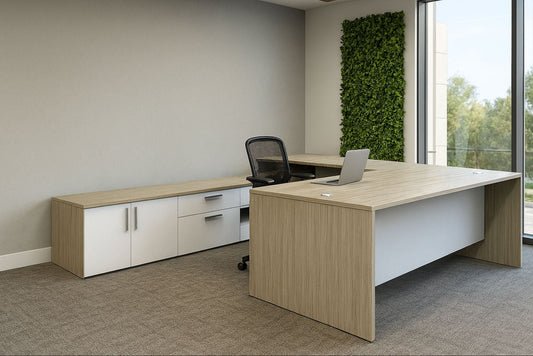 Modern office setup with a desk, chair, and cabinets in a well-lit room.
