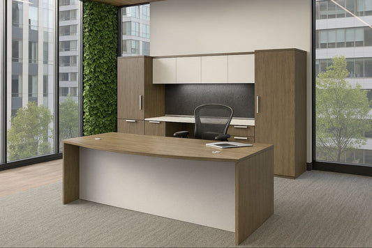Modern office suite with cabinets and a chair in an office setting with large windows.