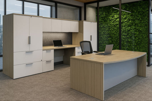 Modern office setup with a large L-shaped desk, cabinets, and a laptop.