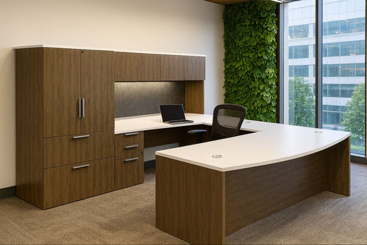 Modern office suite setup with wooden furniture, desk, and chair near large windows.
