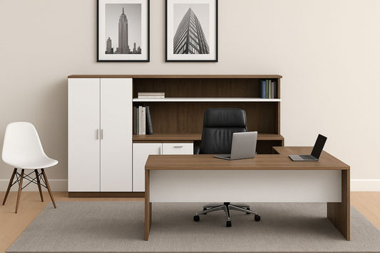 Modern office setup with a desk, chairs, and bookshelves.