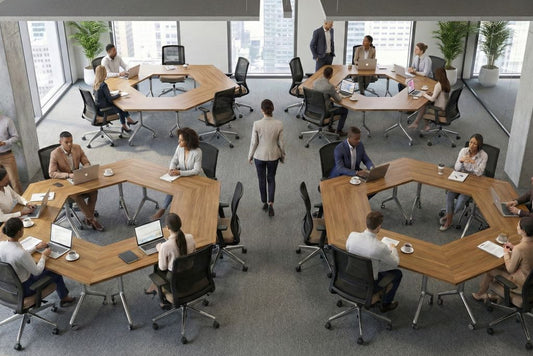Modern office  training room with people working at hexagonal tables
