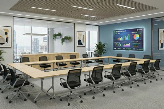 Modern  training conference room with a large table, chairs, and a presentation screen showing graphs.