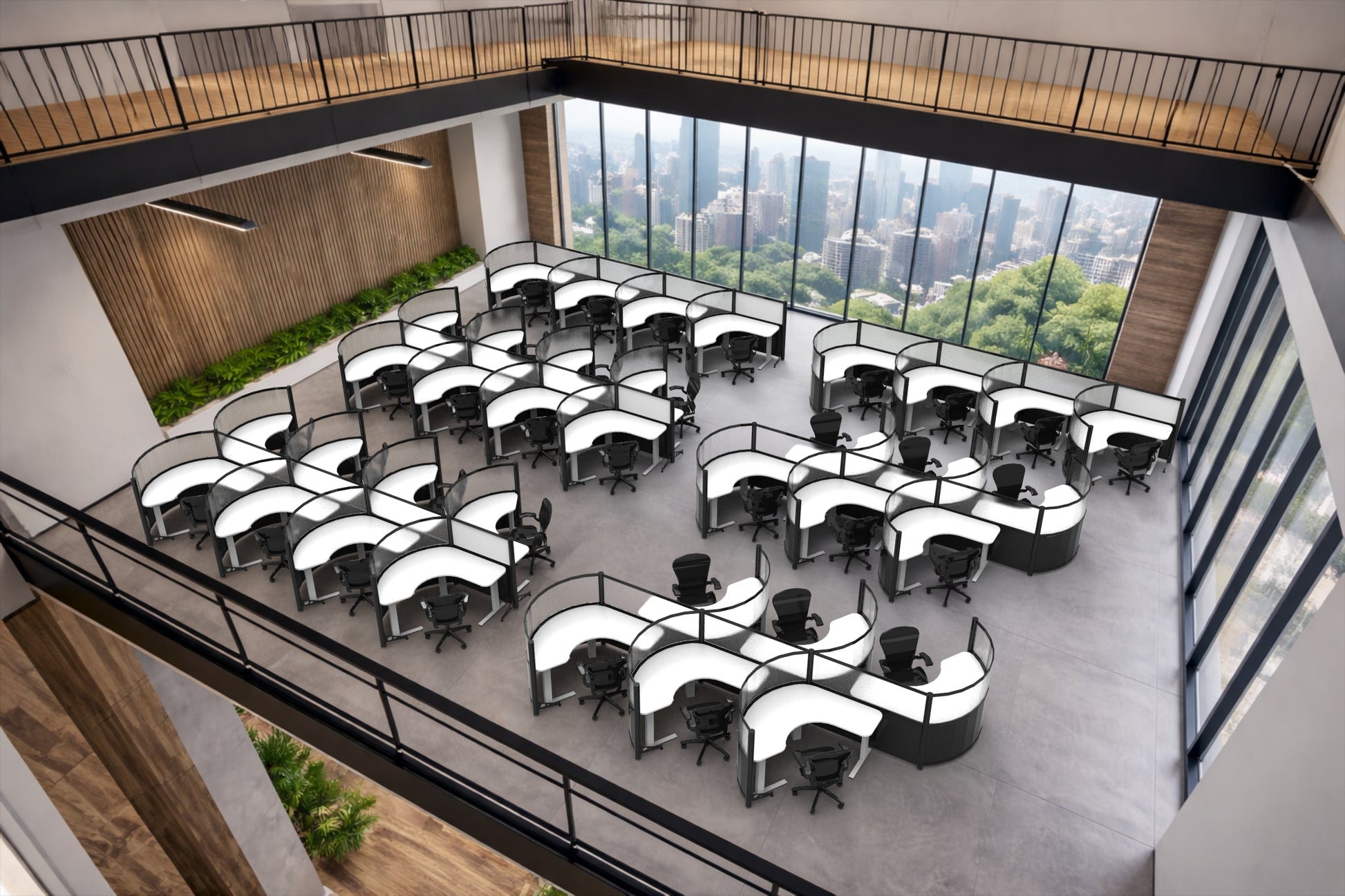 Modern office layout with round workstations and large windows overlooking a cityscape.